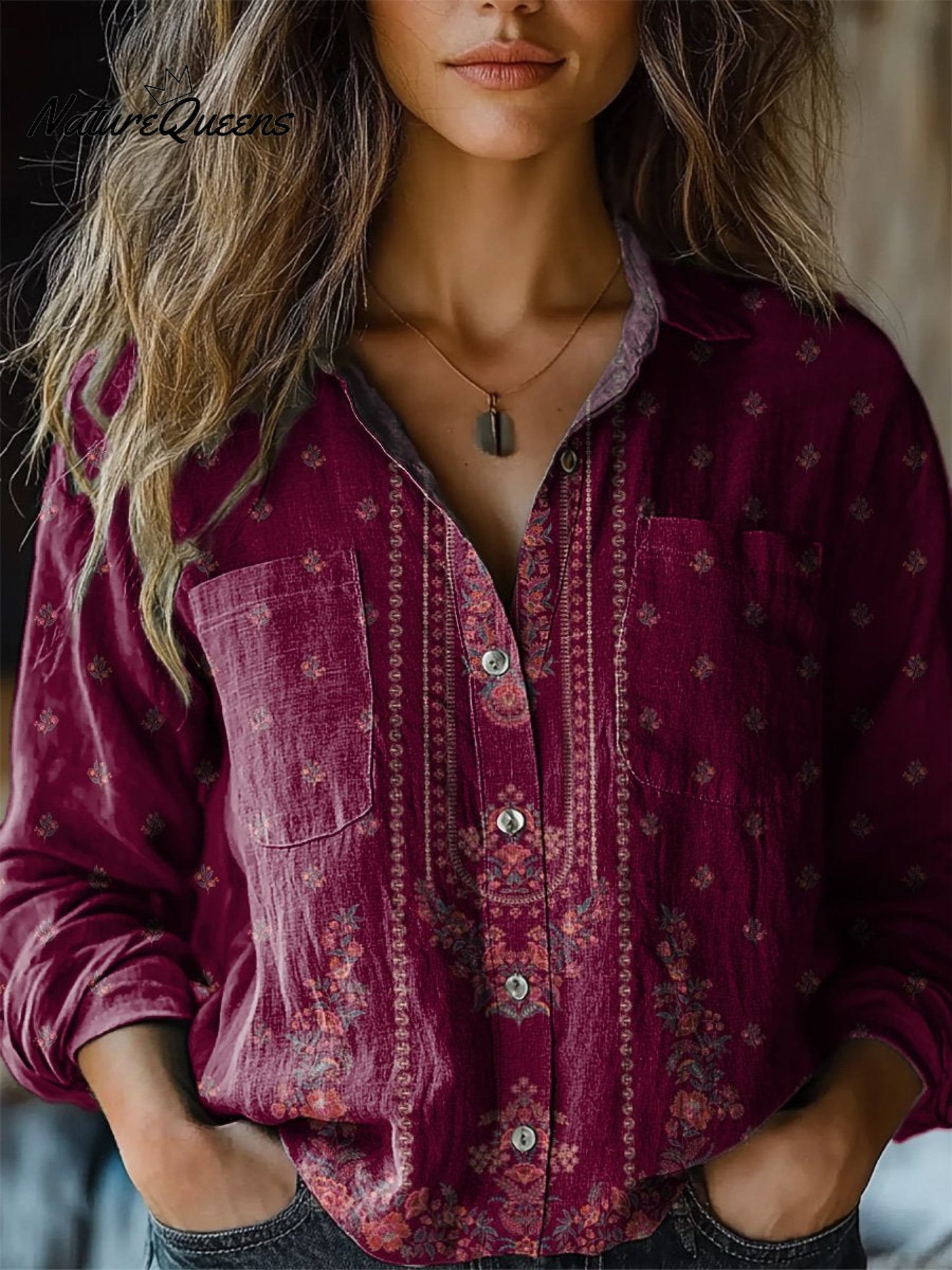 Simple Ethnic Floral Pattern Printed Women's Casual Long Sleeve Comfortable Cotton Shirt 0