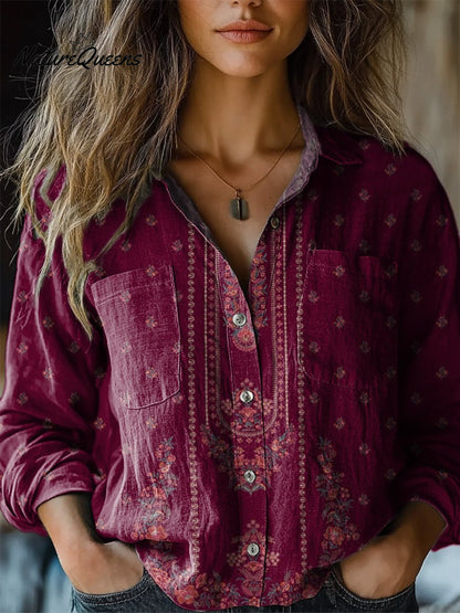 Simple Ethnic Floral Pattern Printed Women's Casual Long Sleeve Comfortable Cotton Shirt 0
