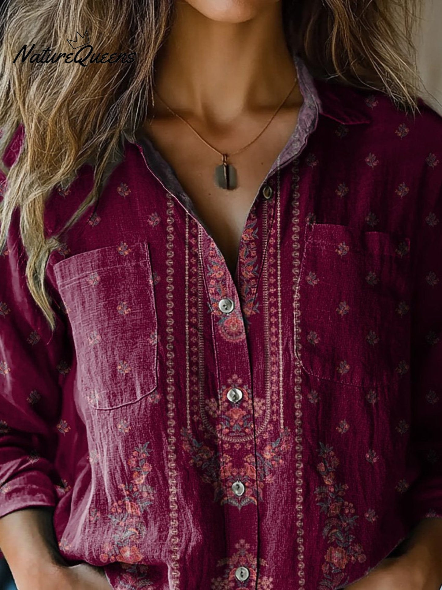 Simple Ethnic Floral Pattern Printed Women's Casual Long Sleeve Comfortable Cotton Shirt 1