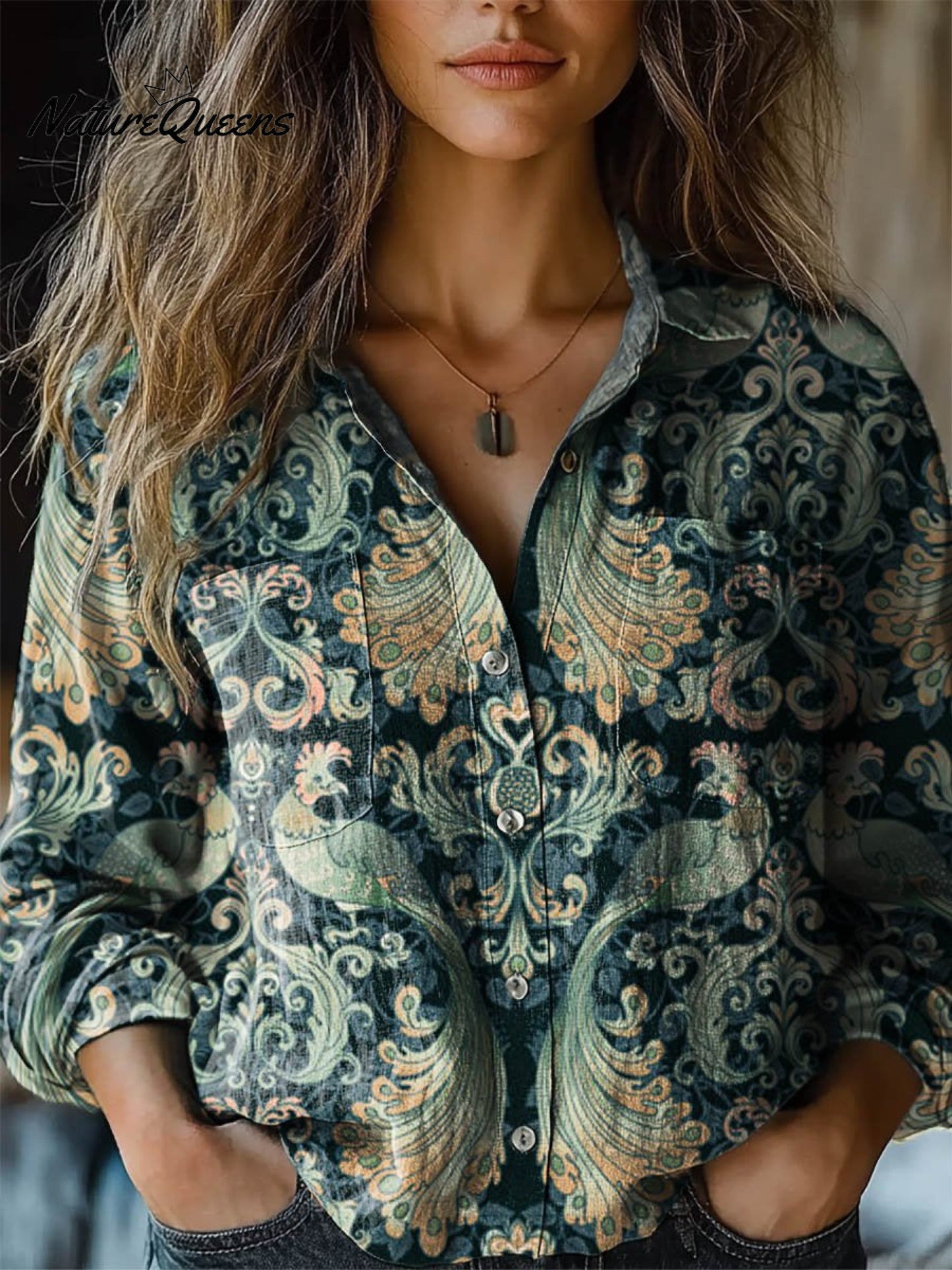 Women's Vintage Lovely Floral Art Print Casual Long Sleeve Comfortable Cotton Shirt 0