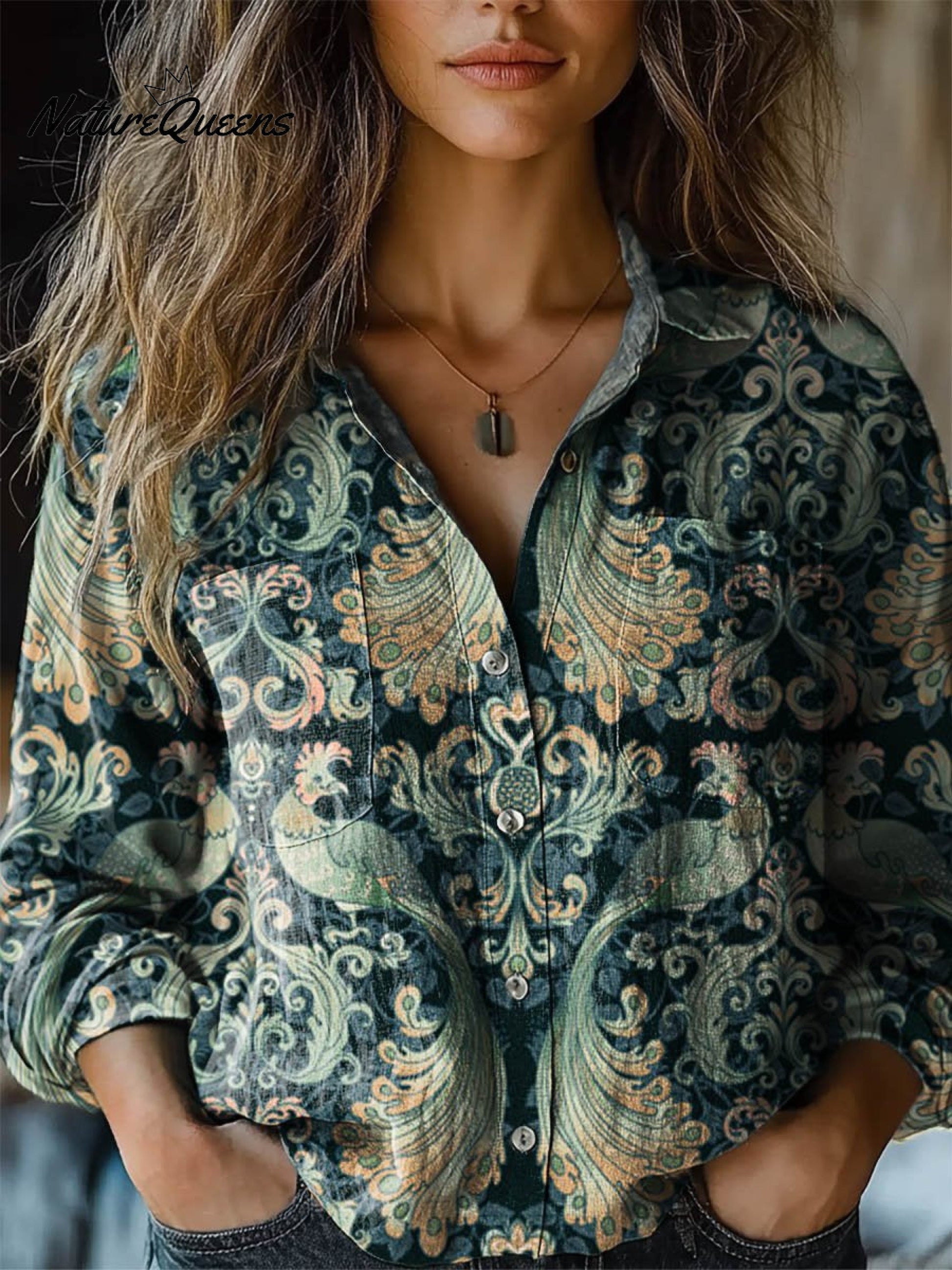 Women's Vintage Lovely Floral Art Print Casual Long Sleeve Comfortable Cotton Shirt 0